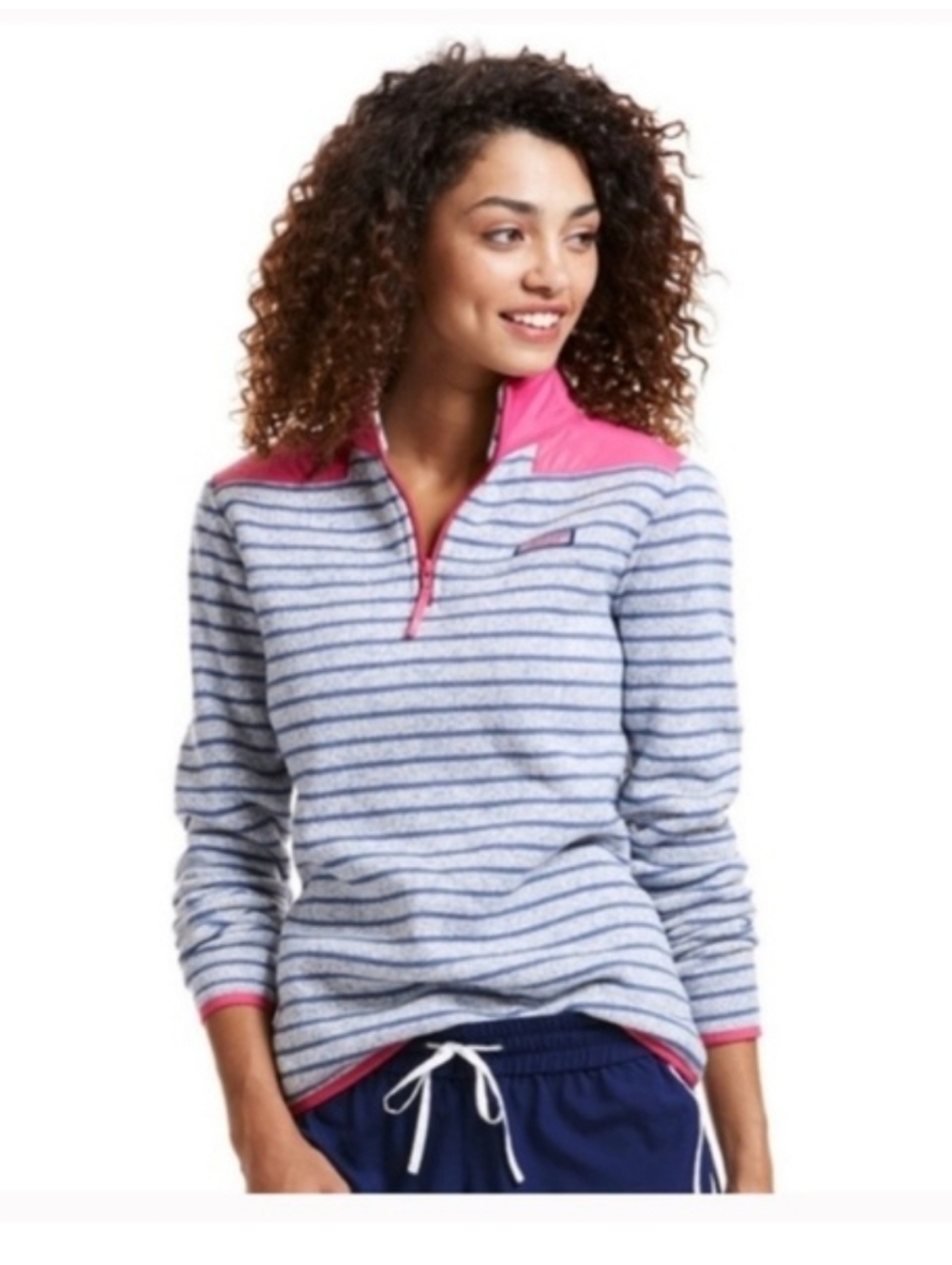 Vineyard Vines Martha's Vineyard Pink and Navy Striped Quarter-Zip Pullover MED